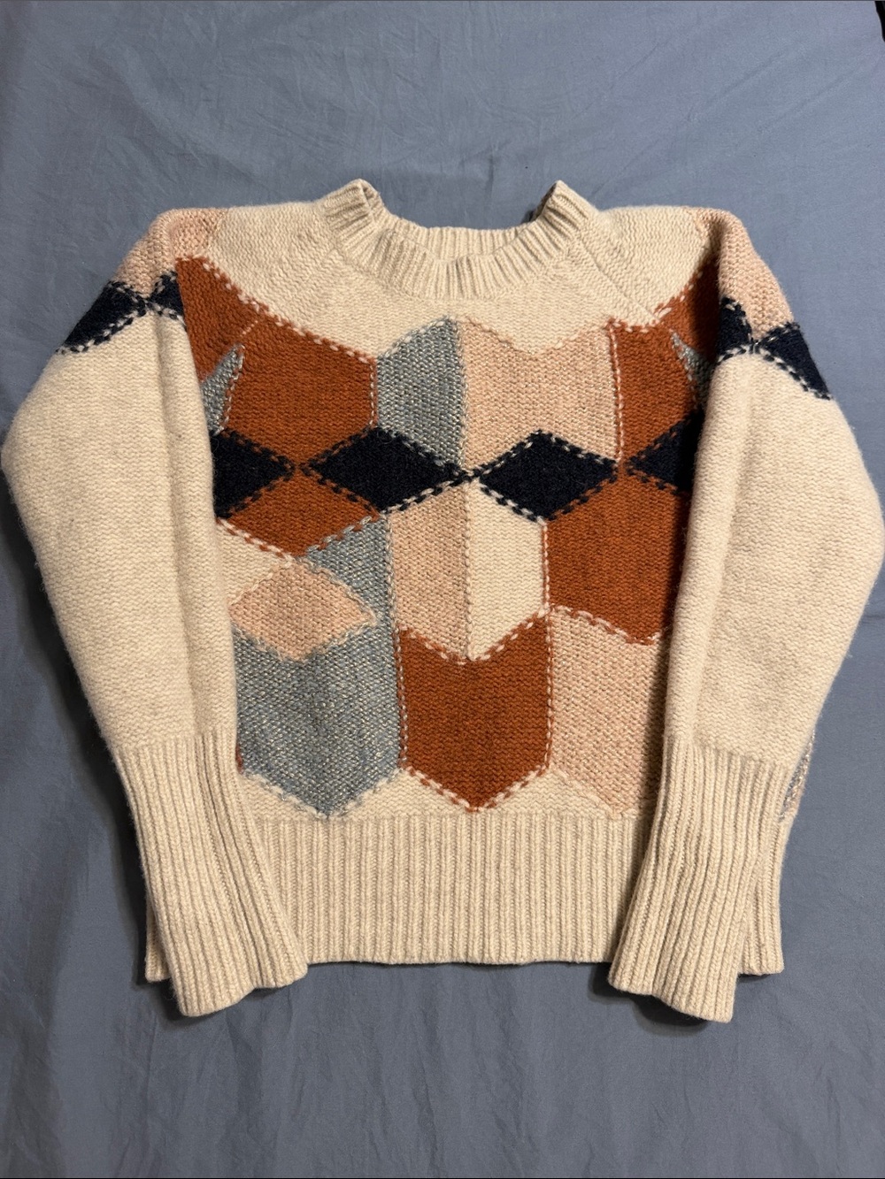 White + Warren Diamond Intarsia Crew Wool Blend Buff Multi Size XS